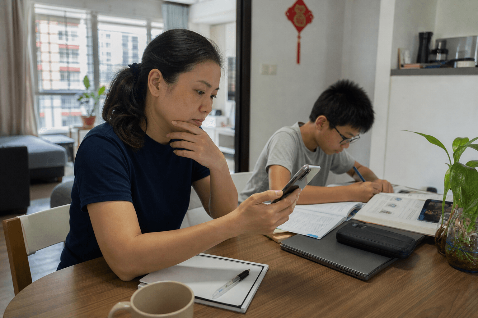 Singapore parent researching tuition options on a phone while a secondary student studies at home.