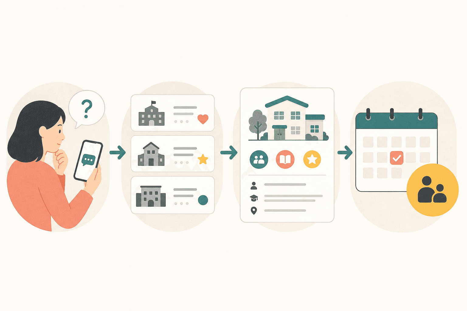 Four-stage illustration showing a parent question, option comparison, tuition centre information, and an appointment decision.
