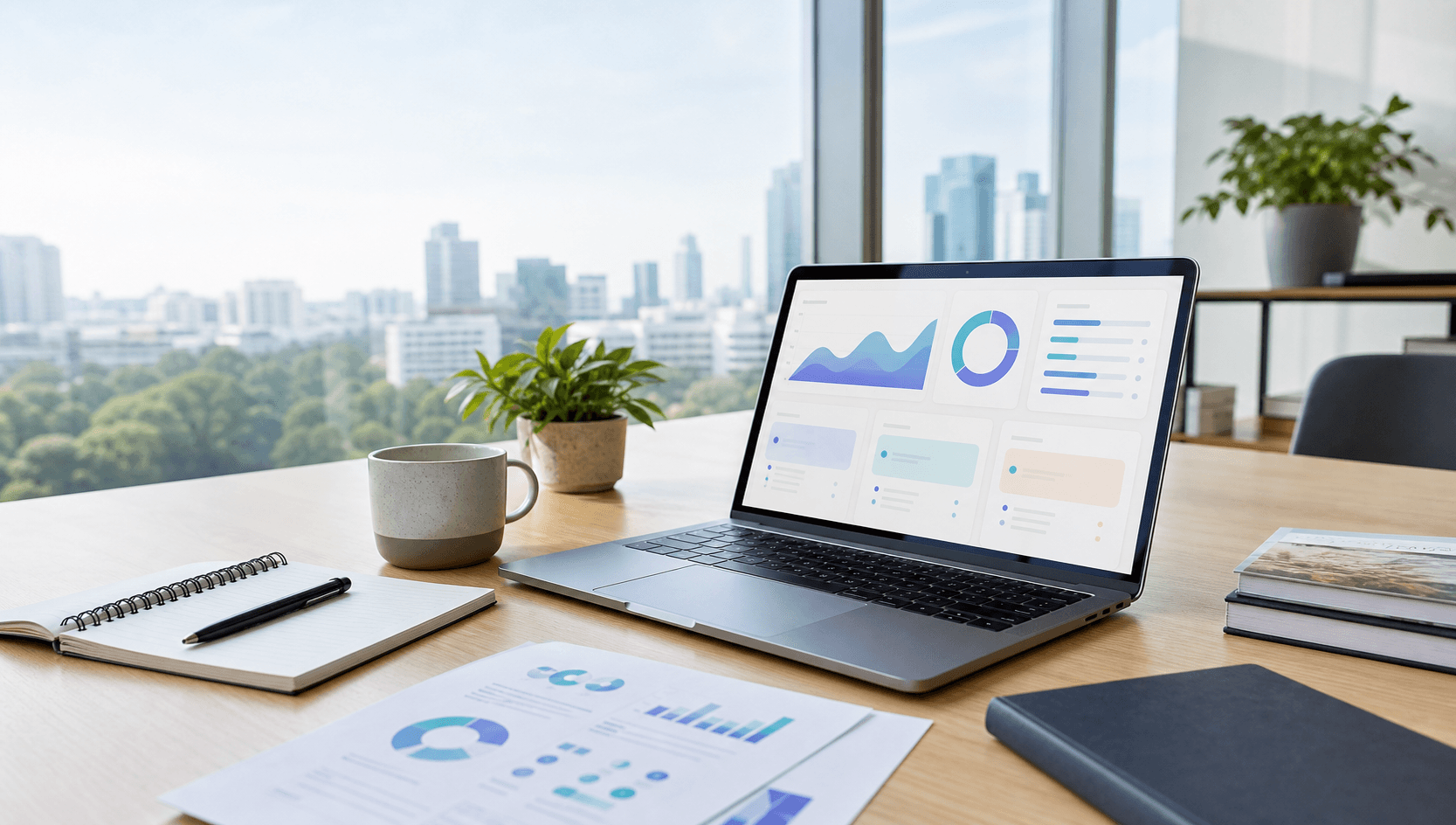 Singapore office desk with abstract AI visibility analytics on a laptop.