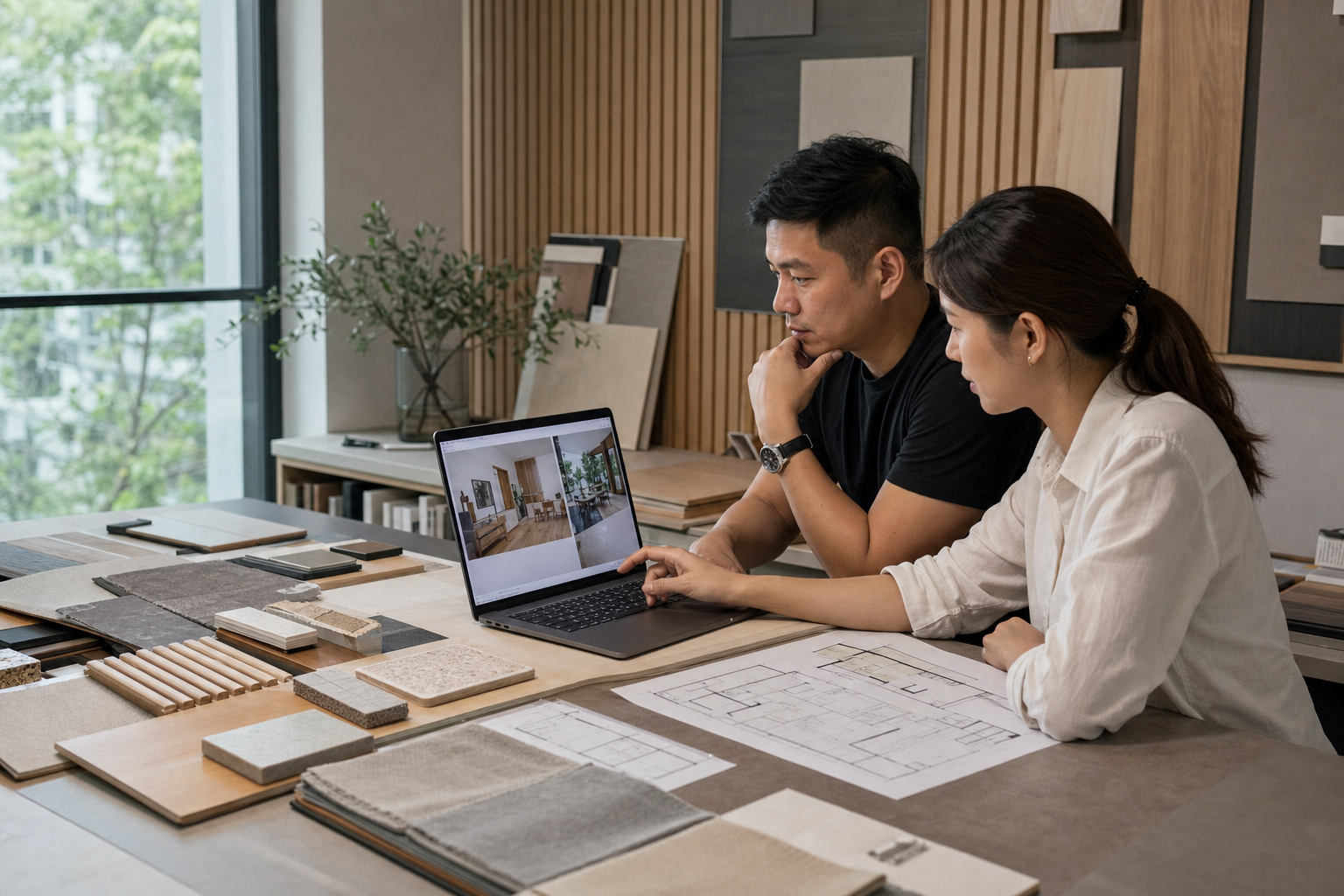 Singapore renovation firm founder and interior designer reviewing a residential portfolio and material samples.