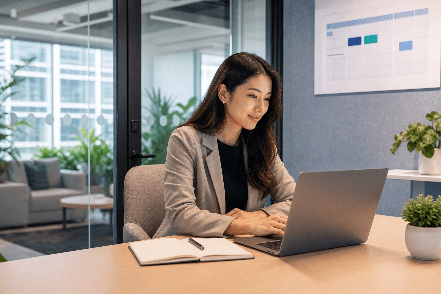 Professional working in a Singapore office nook for an Aitrack.sg product conversation.